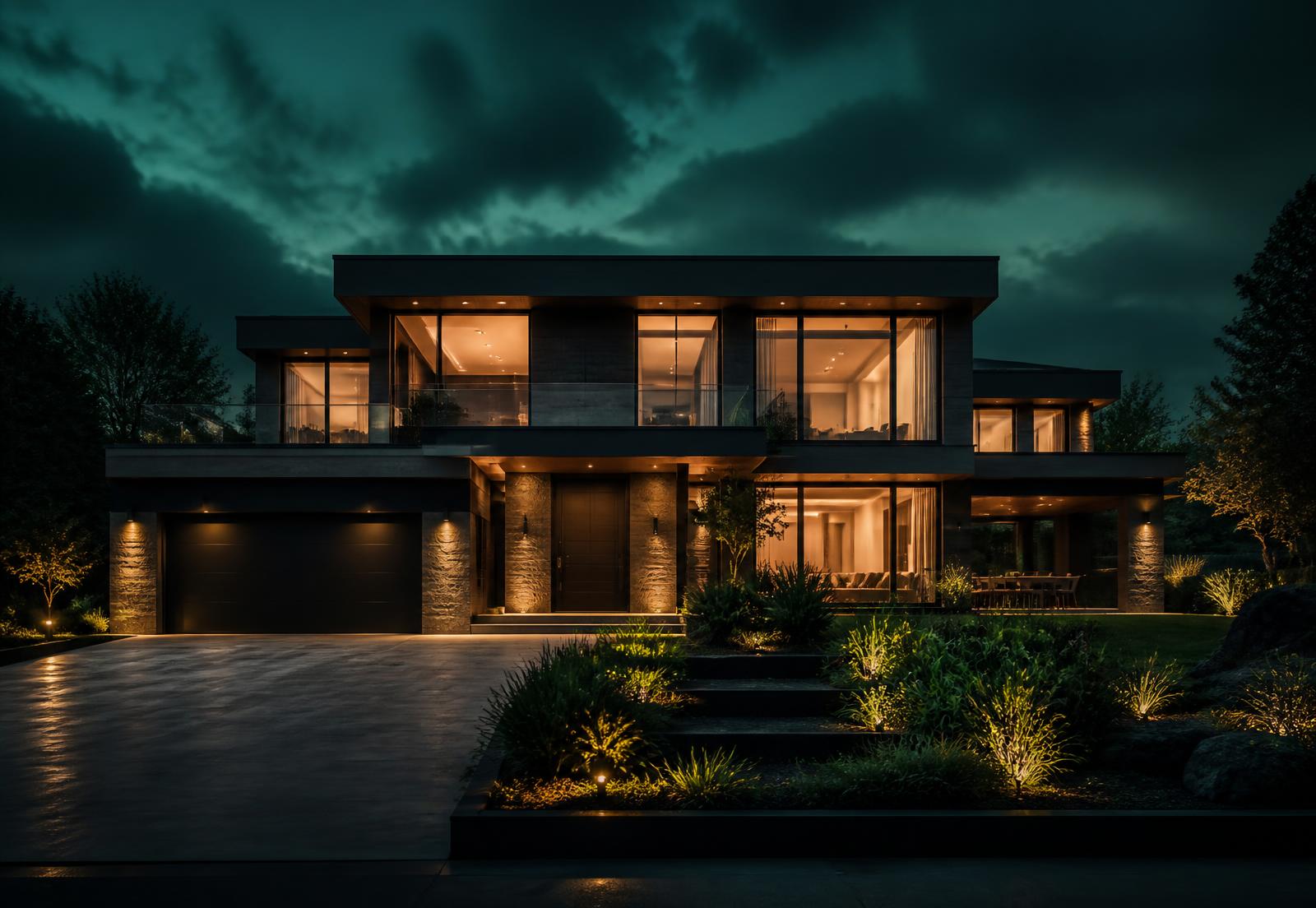 Luxury modern home photographed at dusk with warm interior lighting