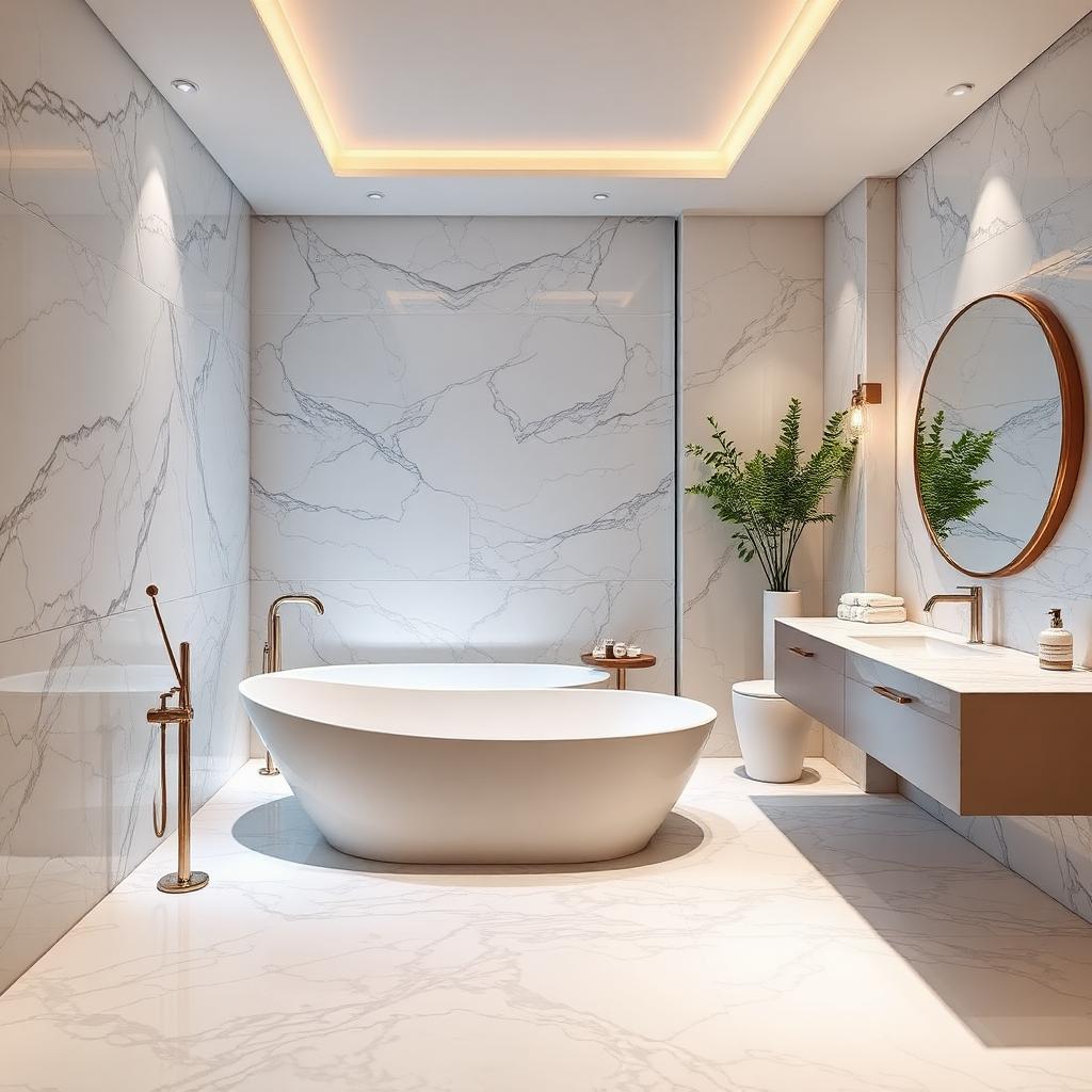 Listing photograph of a marble spa bathroom with freestanding tub