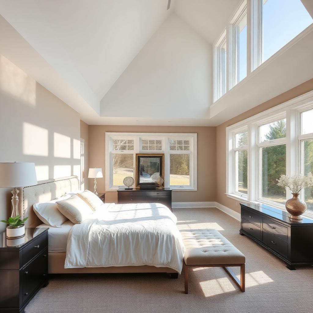 Listing photograph of a sunlit master bedroom with vaulted ceiling