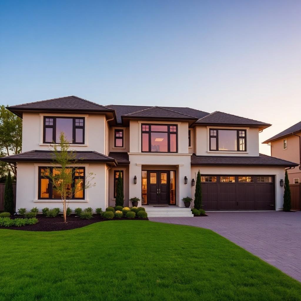 Exterior listing photograph of a modern luxury home at golden hour