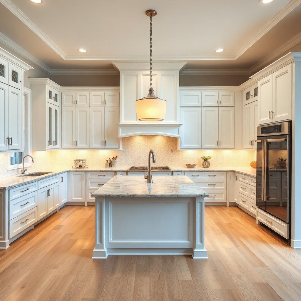 HDR listing photograph of a bright luxury kitchen with marble island