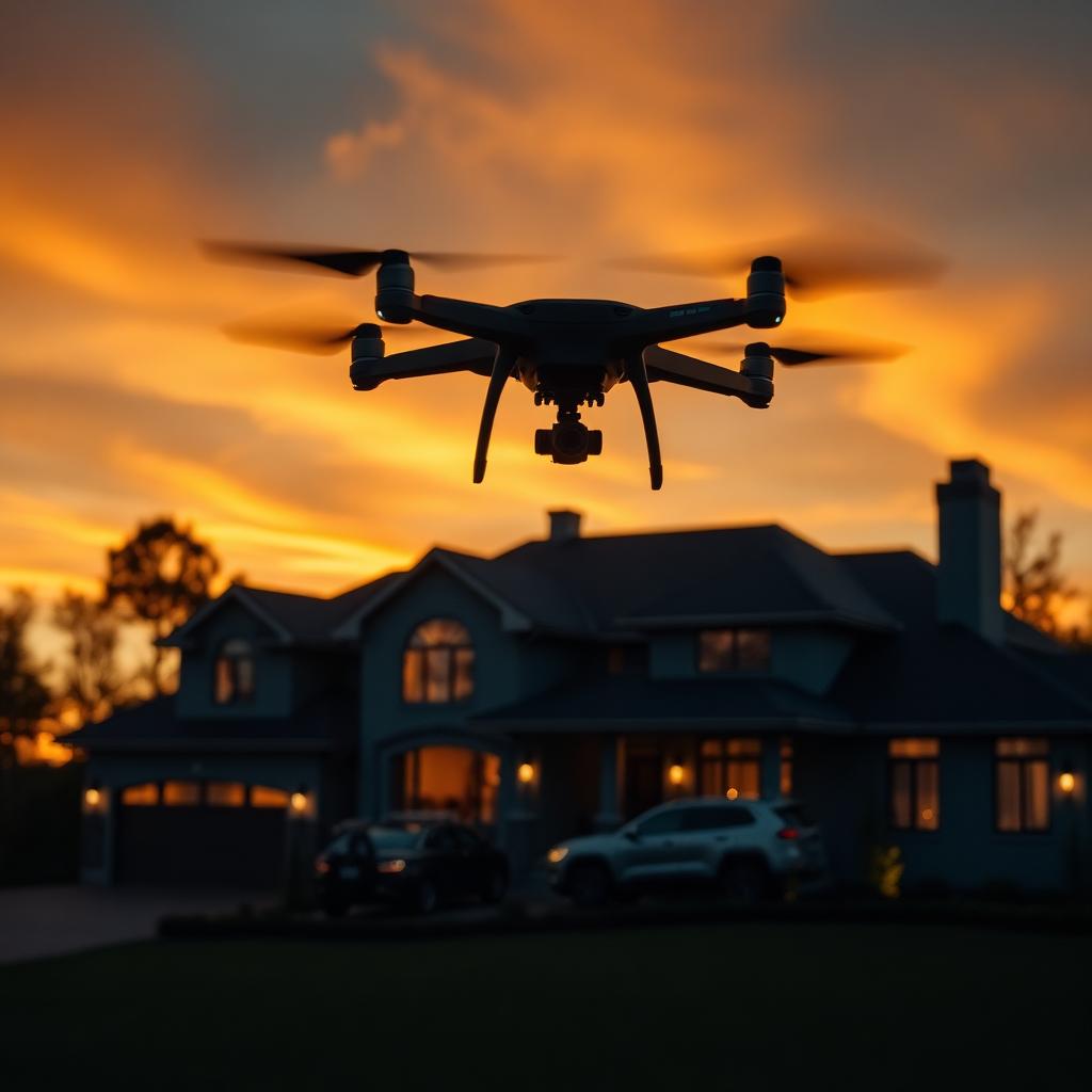 Drone capturing aerial video of a luxury home at dusk