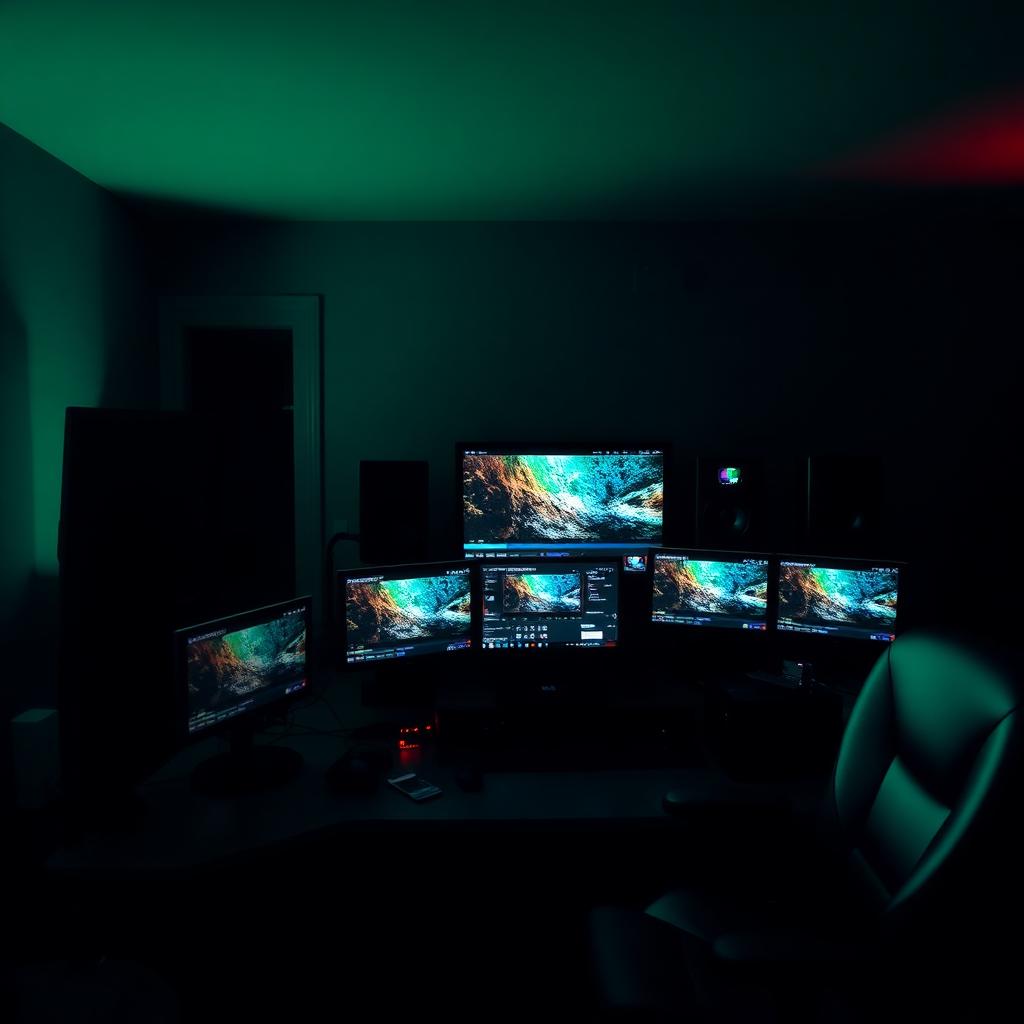 Video editing and color grading suite with multiple monitors