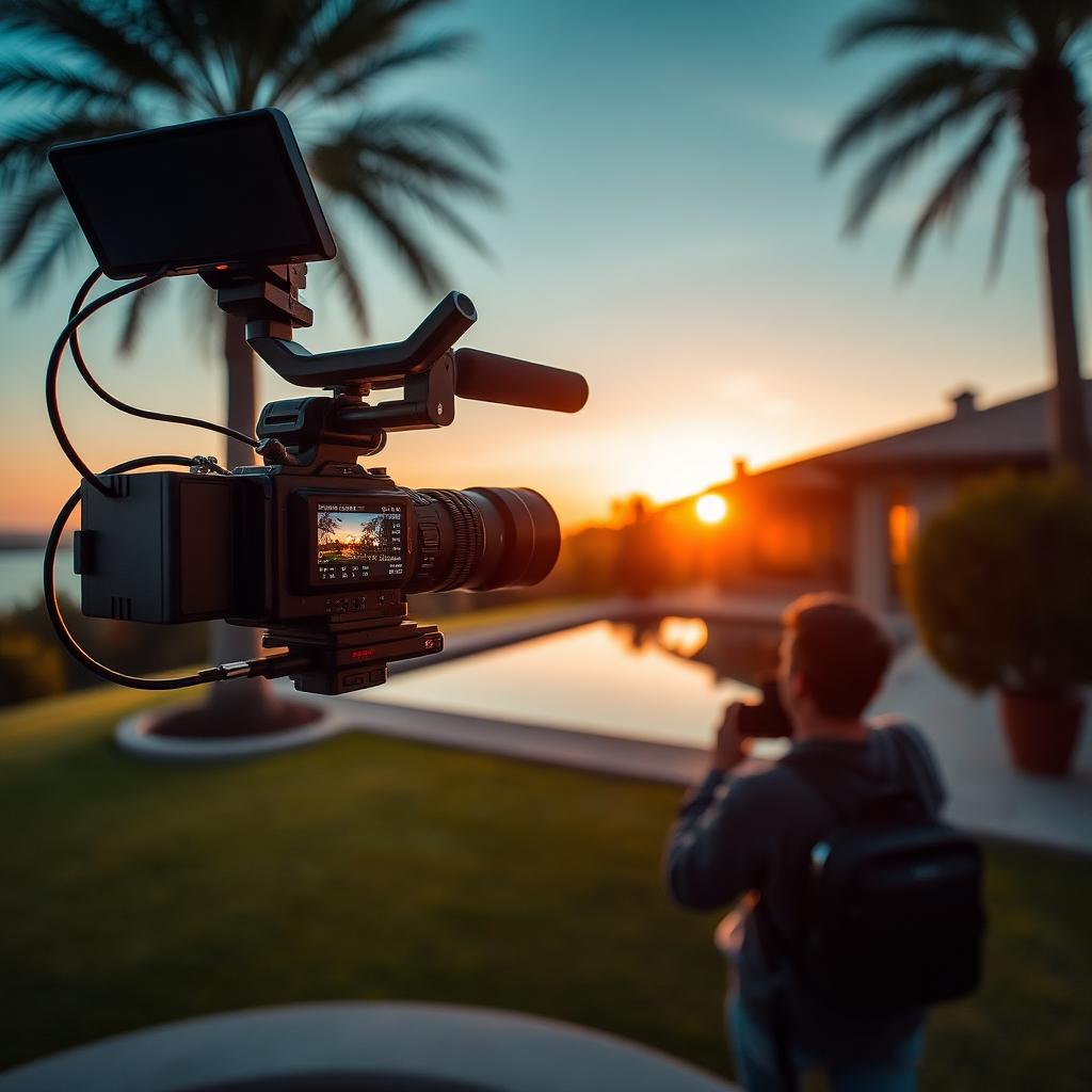 Cinema camera filming a luxury property at sunset