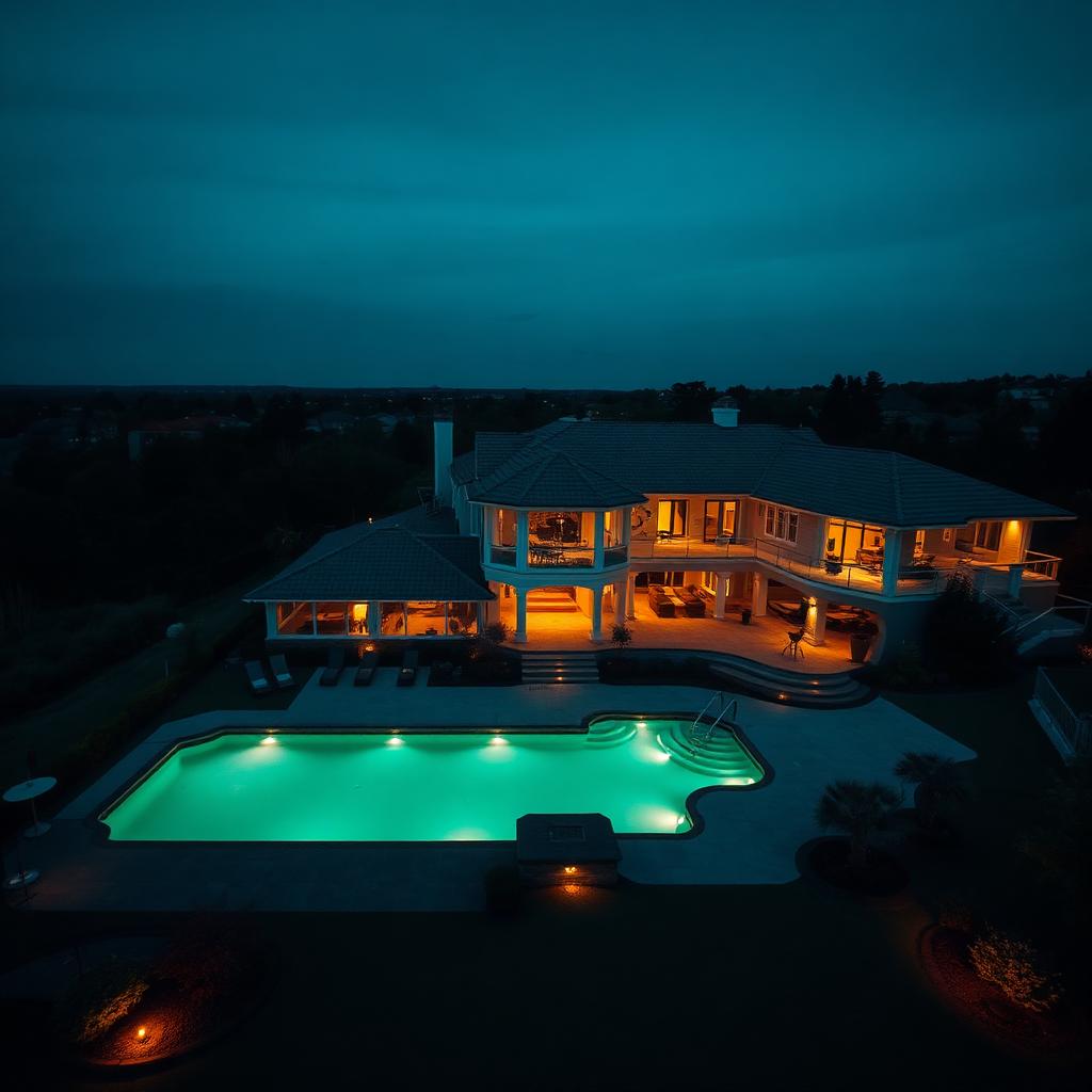 Aerial view of a luxury property at dusk with lit pool