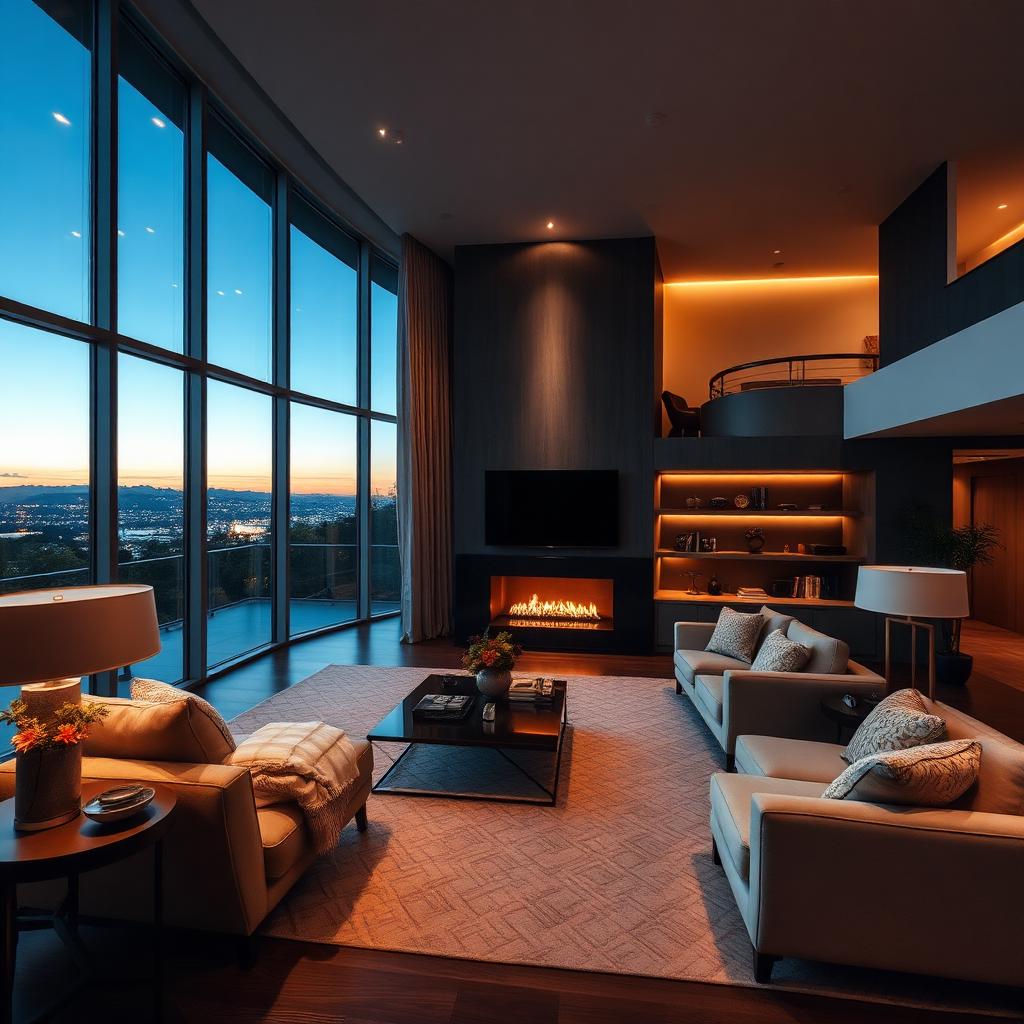 Luxury living room interior photographed at twilight