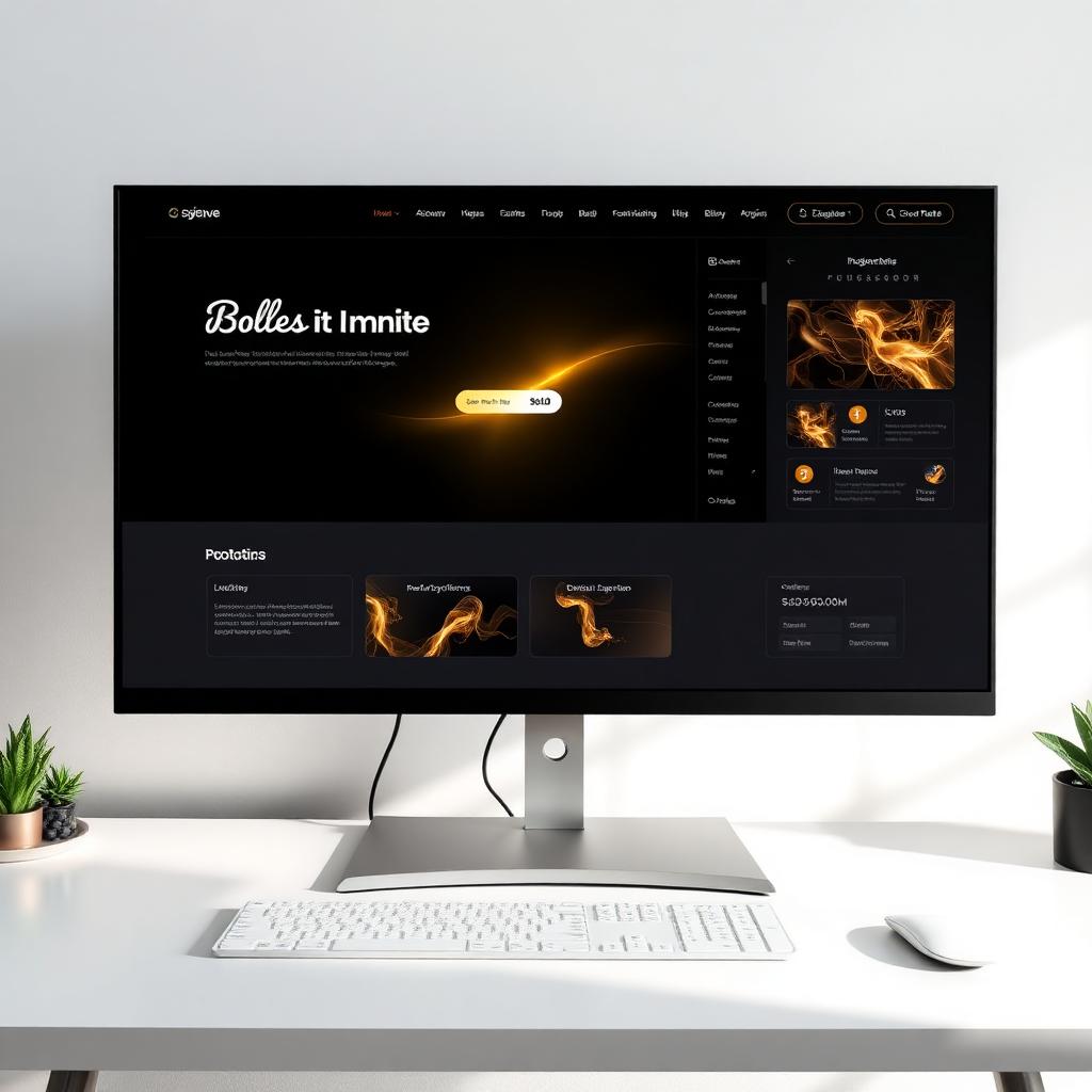 Dark themed website interface design on a large monitor